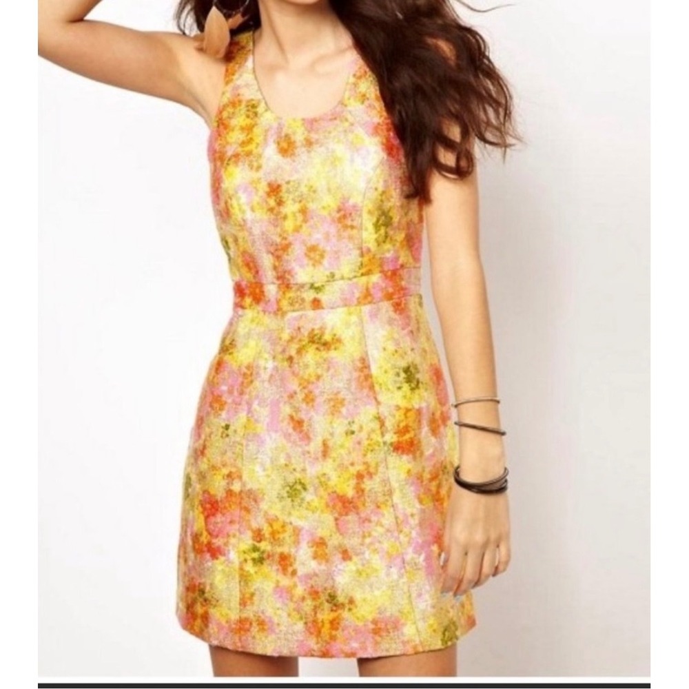 Free People Gold Brocade Metallic Floral Jacquard Mini Dress Sleeveless Back Zip